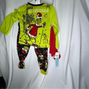 Dr. Seuss Kids Merry Grinchmas Grinch 2 Piece PJ Set With Santa hat Size XS 4/5